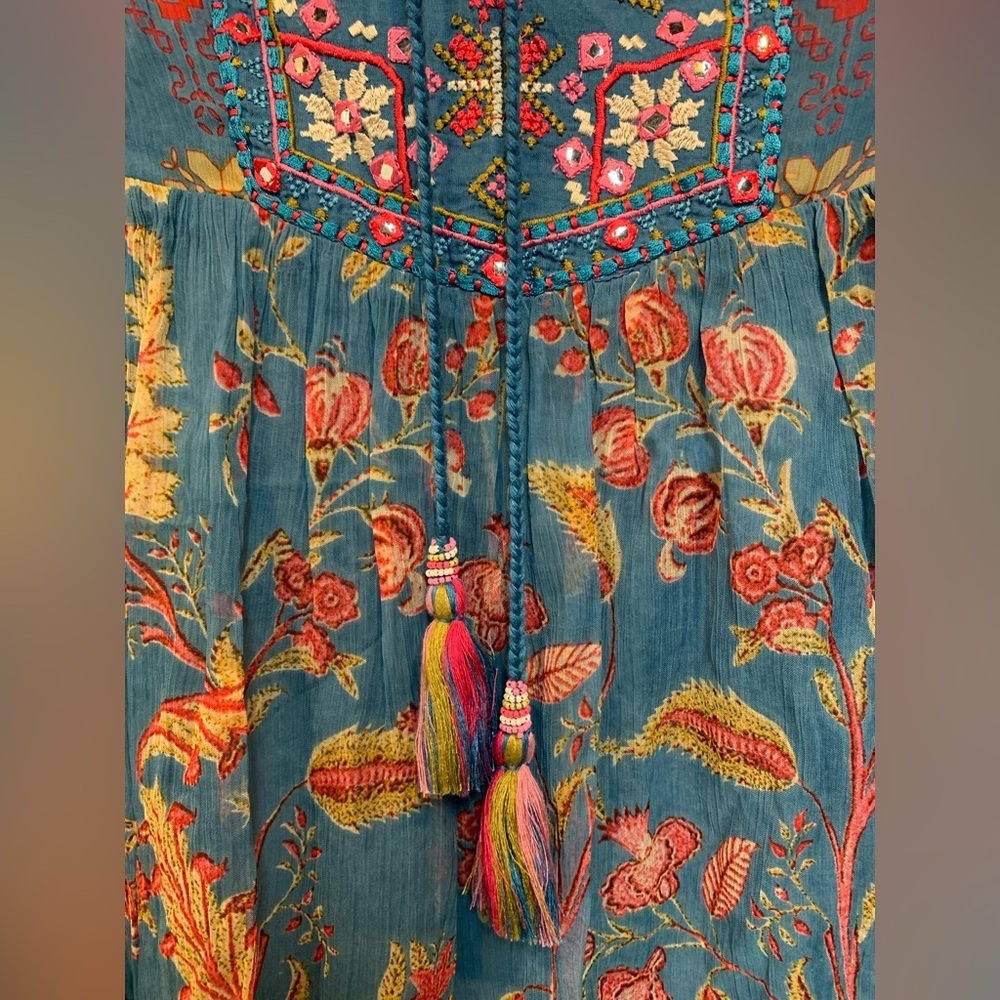 Soft Surroundings Teal Mirapani Embroidered Boho Dress Size P XS - Picture 5 of 7